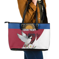 Personalized Latvia Leather Tote Bag White Wagtail Dievs Sveti Latviju