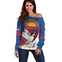 Personalized Latvia Off Shoulder Sweater White Wagtail Dievs Sveti Latviju