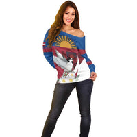 Personalized Latvia Off Shoulder Sweater White Wagtail Dievs Sveti Latviju