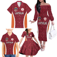 Custom Latvia Football Family Matching Off The Shoulder Long Sleeve Dress and Hawaiian Shirt Latvijas Futbola Izlase