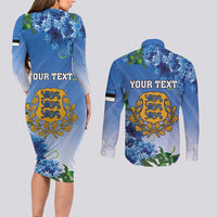 Personalized Estonia Couples Matching Long Sleeve Bodycon Dress and Long Sleeve Button Shirt Barn Swallow Cornflower Flower