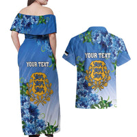 Personalized Estonia Couples Matching Off Shoulder Maxi Dress and Hawaiian Shirt Barn Swallow Cornflower Flower