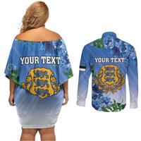 Personalized Estonia Couples Matching Off Shoulder Short Dress and Long Sleeve Button Shirt Barn Swallow Cornflower Flower