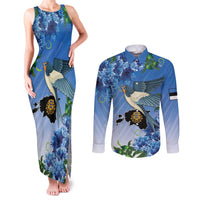 Personalized Estonia Couples Matching Tank Maxi Dress and Long Sleeve Button Shirt Barn Swallow Cornflower Flower