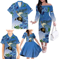 Personalized Estonia Family Matching Off The Shoulder Long Sleeve Dress and Hawaiian Shirt Barn Swallow Cornflower Flower