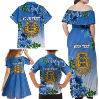 Personalized Estonia Family Matching Off Shoulder Maxi Dress and Hawaiian Shirt Barn Swallow Cornflower Flower
