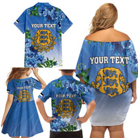 Personalized Estonia Family Matching Off Shoulder Short Dress and Hawaiian Shirt Barn Swallow Cornflower Flower