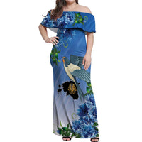 Personalized Estonia Off Shoulder Maxi Dress Barn Swallow Cornflower Flower