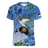 Personalized Estonia Women V-Neck T-Shirt Barn Swallow Cornflower Flower