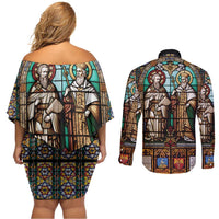 Happy Saints Cyril and Methodius Day Couples Matching Off Shoulder Short Dress and Long Sleeve Button Shirt Christian Stained-Glass Window