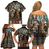 Happy Saints Cyril and Methodius Day Family Matching Off Shoulder Short Dress and Hawaiian Shirt Christian Stained-Glass Window