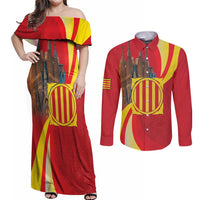Catalonia Spain Couples Matching Off Shoulder Maxi Dress and Long Sleeve Button Shirt Basilica de la Sagrada Familia