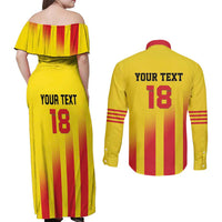 Custom Catalonia Football Couples Matching Off Shoulder Maxi Dress and Long Sleeve Button Shirt Seleccio de futbol de Catalunya