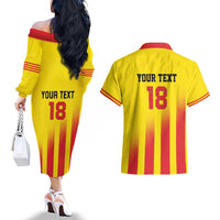 Custom Catalonia Football Couples Matching Off The Shoulder Long Sleeve Dress and Hawaiian Shirt Seleccio de futbol de Catalunya