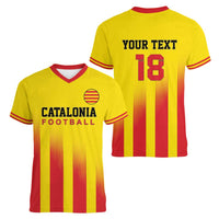 Custom Catalonia Football Women V-Neck T-Shirt Seleccio de futbol de Catalunya