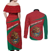 Mexico Coat Of Arms Couples Matching Off Shoulder Maxi Dress and Long Sleeve Button Shirt With Folk Pattern - Wonder Print Shop