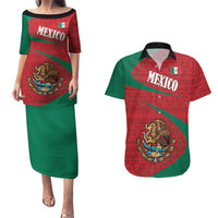 Mexico Coat Of Arms Couples Matching Puletasi and Hawaiian Shirt With Folk Pattern - Wonder Print Shop