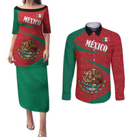 Mexico Coat Of Arms Couples Matching Puletasi and Long Sleeve Button Shirt With Folk Pattern - Wonder Print Shop