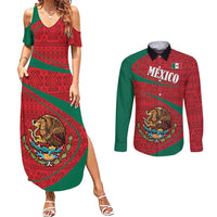 Mexico Coat Of Arms Couples Matching Summer Maxi Dress and Long Sleeve Button Shirt With Folk Pattern - Wonder Print Shop