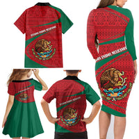 Mexico Coat Of Arms Family Matching Long Sleeve Bodycon Dress and Hawaiian Shirt With Folk Pattern - Wonder Print Shop