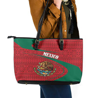 Mexico Coat Of Arms Leather Tote Bag With Folk Pattern - Wonder Print Shop