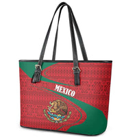 Mexico Coat Of Arms Leather Tote Bag With Folk Pattern - Wonder Print Shop