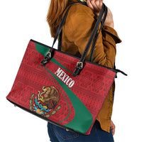 Mexico Coat Of Arms Leather Tote Bag With Folk Pattern - Wonder Print Shop