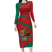 Mexico Coat Of Arms Long Sleeve Bodycon Dress With Folk Pattern - Wonder Print Shop