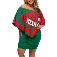 Mexico Coat Of Arms Off Shoulder Short Dress With Folk Pattern - Wonder Print Shop
