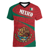Mexico Coat Of Arms Women V-Neck T-Shirt With Folk Pattern - Wonder Print Shop
