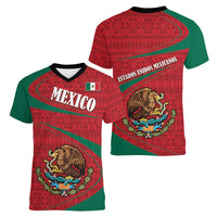 Mexico Coat Of Arms Women V-Neck T-Shirt With Folk Pattern - Wonder Print Shop