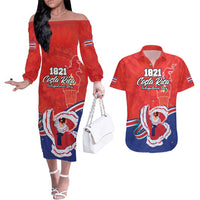 Personalized Costa Rica Independence Day Since 1821 Couples Matching Off The Shoulder Long Sleeve Dress and Hawaiian Shirt Folk Dancer with Folk Art Pattern - Wonder Print Shop