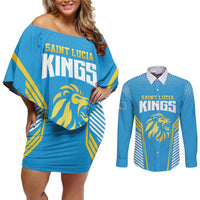 Custom Saint Lucia Kings Cricket Couples Matching Off Shoulder Short Dress and Long Sleeve Button Shirt Beinspired Go Champion - Wonder Print Shop