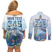 Personalized Cayman Islands 345 Couples Matching Off Shoulder Short Dress and Long Sleeve Button Shirt Watercolor Turtle - Wonder Print Shop