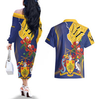 Barbados Coat Of Arms Couples Matching Off The Shoulder Long Sleeve Dress and Hawaiian Shirt With Dwarf Poinciana Flowers - Wonder Print Shop