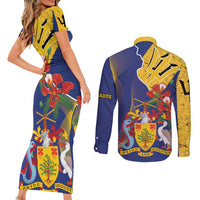 Barbados Coat Of Arms Couples Matching Short Sleeve Bodycon Dress and Long Sleeve Button Shirt With Dwarf Poinciana Flowers - Wonder Print Shop
