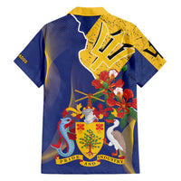 Barbados Coat Of Arms Family Matching Short Sleeve Bodycon Dress and Hawaiian Shirt With Dwarf Poinciana Flowers - Wonder Print Shop