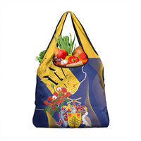 Barbados Coat Of Arms Grocery Bag With Dwarf Poinciana Flowers