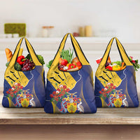 Barbados Coat Of Arms Grocery Bag With Dwarf Poinciana Flowers