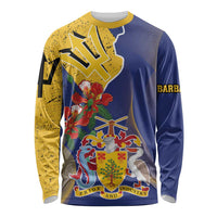 Barbados Coat Of Arms Long Sleeve Shirt With Dwarf Poinciana Flowers - Wonder Print Shop