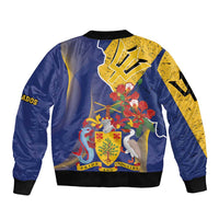 Barbados Coat Of Arms Sleeve Zip Bomber Jacket With Dwarf Poinciana Flowers - Wonder Print Shop