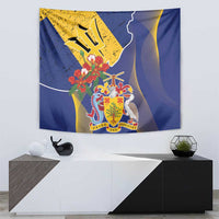Barbados Coat Of Arms Tapestry With Dwarf Poinciana Flowers - Wonder Print Shop