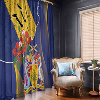 Barbados Coat Of Arms Window Curtain With Dwarf Poinciana Flowers - Wonder Print Shop