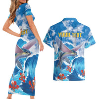 Personalized Barbados Fish Flying Couples Matching Short Sleeve Bodycon Dress and Hawaiian Shirt With Stormy Sea Wave - Wonder Print Shop