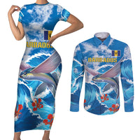Personalized Barbados Fish Flying Couples Matching Short Sleeve Bodycon Dress and Long Sleeve Button Shirt With Stormy Sea Wave - Wonder Print Shop