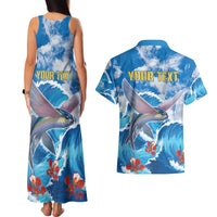 Personalized Barbados Fish Flying Couples Matching Tank Maxi Dress and Hawaiian Shirt With Stormy Sea Wave - Wonder Print Shop