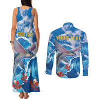 Personalized Barbados Fish Flying Couples Matching Tank Maxi Dress and Long Sleeve Button Shirt With Stormy Sea Wave - Wonder Print Shop