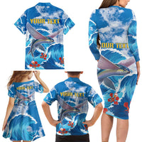Personalized Barbados Fish Flying Family Matching Long Sleeve Bodycon Dress and Hawaiian Shirt With Stormy Sea Wave - Wonder Print Shop