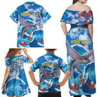 Personalized Barbados Fish Flying Family Matching Off Shoulder Maxi Dress and Hawaiian Shirt With Stormy Sea Wave - Wonder Print Shop