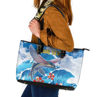 Personalized Barbados Fish Flying Leather Tote Bag With Stormy Sea Wave - Wonder Print Shop